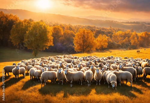 A flock of sheep grazing on an evening sunny autumn pasture. Image stylized as a drawing with paints. photo