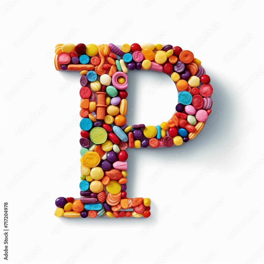 3d Latin letter P made of colorful candy beans, isolated on white background.