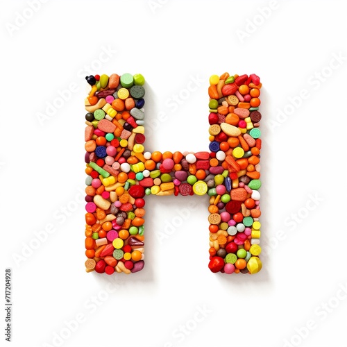 3d Latin letter H made of colorful candy beans, isolated on white background.