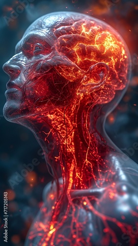 Semi transparent view of a human head, detailing the brain and vascular system with areas commonly affected by headache pain highlighted in red,generative ai