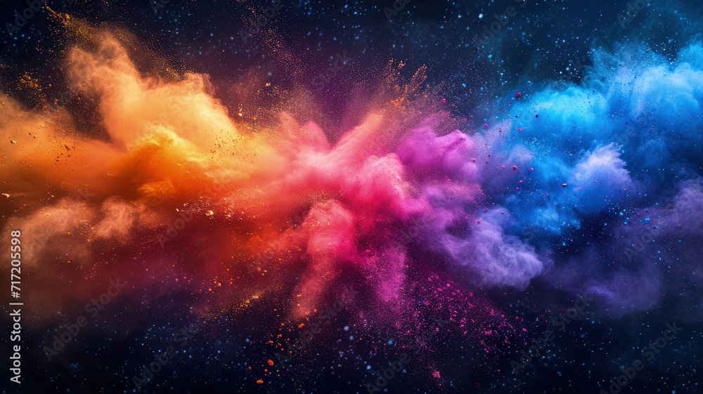 Explosion of bright colorful paint on black background, burst of multicolored powder, abstract pattern of colored dust splash. Concept of spectrum, splash, swirl, holi, texture - obrazy, fototapety, plakaty 