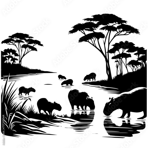 Capybara family grazing along the banks of a tranquil Amazonian river Vector Logo Art