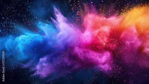 Explosion of bright colorful paint on dark background, splash of multicolored powder, abstract pattern of colored dust splash. Concept of spectrum, burst, swirl, banner, holi