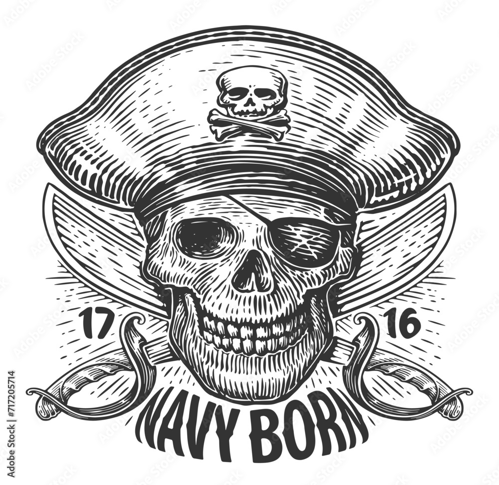 Fototapeta premium NAVY BORN. Skull and crossed sabers. Jolly Roger, skeleton pirate vintage vector illustration