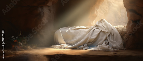 Jesus's empty tomb at sunrise. Concept of resurrection. photo