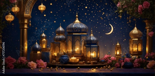 Ramadan lanterns on night background with moon