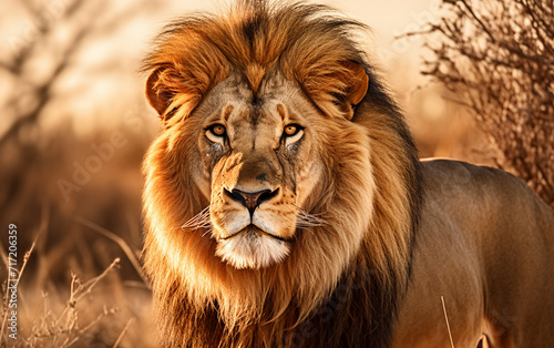 majestic lion in the savannah  AI Generative.