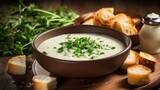 Delicious cream cheese soup with fresh herbs and croutons on a wooden table in a beautiful dish. Homemade healthy food in a cozy atmosphere.