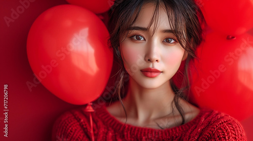 Beautiful asian girl with red air balloons over red background. Happy Valentines day.  © litts