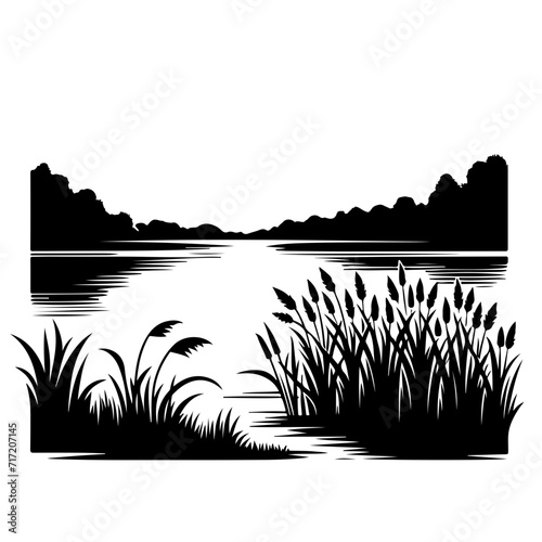 Lake at night with the gentle rustle of reeds and rushes along the shoreline Vector Logo Art