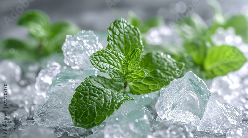 Visual composition of lots of ice with mint leaves in glacial purity. Mint leaves in a wintergreen freshness. Iced mint.