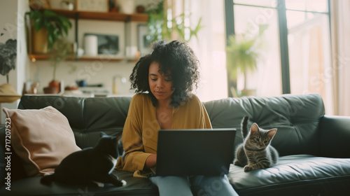 Happy black woman working remotely on the sofa at home in her living room with her cats, remote work and flexible culture concept photo