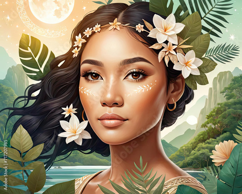 Modern Flat Portrait - Enchanting Short Fair-Skinned Pacific Islander Woman Amidst Nature and Celestial Elements Gen AI photo