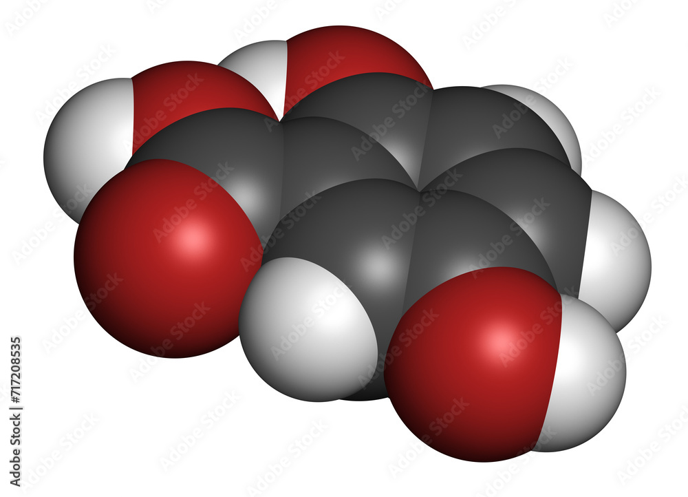 Gentisic acid molecule. 3D rendering. Gentisic acid molecule. 3D rendering.