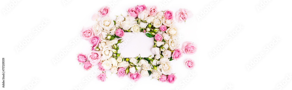 Blank note paper decorated flowers frame, white and pink roses