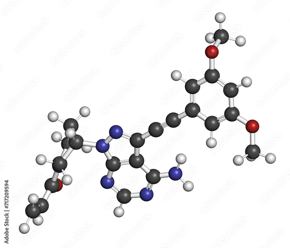 Futibatinib oncology drug molecule. 3D rendering. Futibatinib oncology drug molecule. 3D rendering.