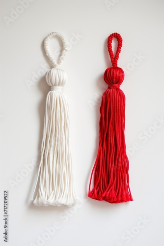 Red and white Martisor, Martenitsa tassel symbolizing springs arrival on white isolated background. Traditional Moldavian, Romanian, Bulgarian 1 March © Baranovsky