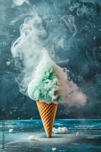 Waffle cone with mint cotton candy enveloped in dramatic smoke on a textured background. "Mystical Mint Cotton Candy Ice Cream Cone