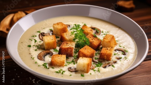 Delicious mushroom cream soup with croutons on a wooden table in a beautiful dish. Homemade healthy food in a cozy atmosphere. Vegetarian menu.