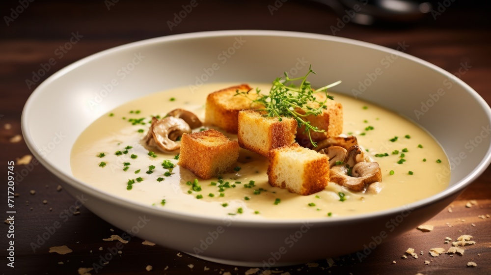 Delicious mushroom cream soup with croutons on a wooden table in a beautiful dish. Homemade healthy food in a cozy atmosphere. Vegetarian menu. Delicious mushroom cream soup with croutons on a wooden table in a beautiful dish. Homemade healthy food in a cozy atmosphere. Vegetarian menu.