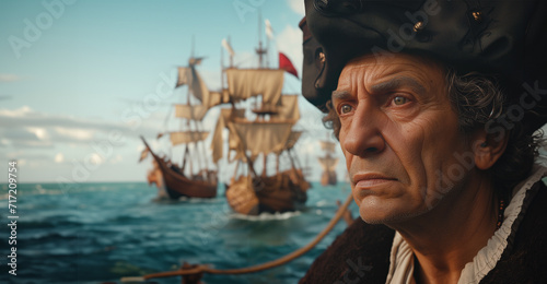 Christopher Columbus, with an iron gaze, stands on the deck of his ship, his eyes fixed on the distant horizon. His weathered face bears the marks of determination and resilience gained through years  photo