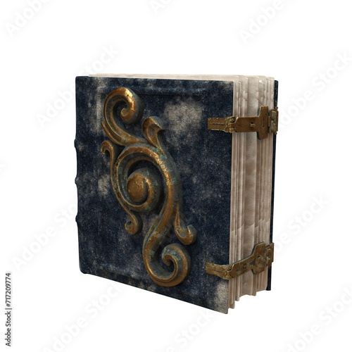 Ancient magic spell grimoire book with rusty metal decoration on a blue fabric cover. Isolated 3D rendering.