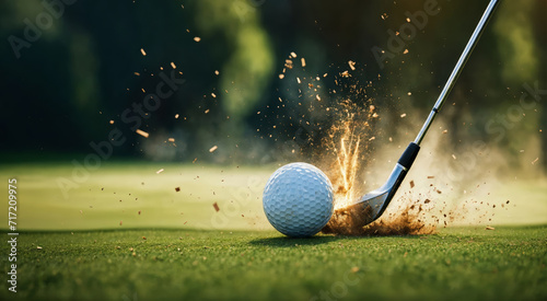 Un club de golf qui frappe une balle sur un green - generative AI photo