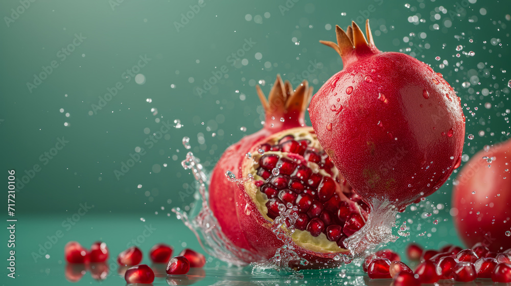 Levitation ripe pomegranates with drops juice water splash , isolated on green background, organic healthy fruit, flying food, king of fruits . with copy space for text Levitation ripe pomegranates with drops juice water splash , isolated on green background, organic healthy fruit, flying food, king of fruits . with copy space for text