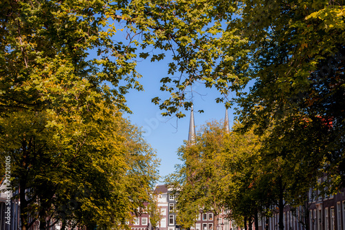 Love Amsterdam concept, Selective focus of branches of tree leans down in a heart-shaped hole, Blurred architecture features traditional canal houses, Nature frame with blue sky in Autumn, Netherlands
