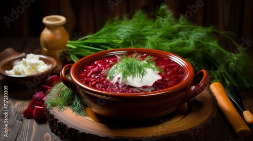 A traditional dish of Russian and Ukrainian cuisine. Borscht with herbs and sour cream on a wooden table in a beautiful dish. Homemade food in a cozy atmosphere. Red beetroot soup.