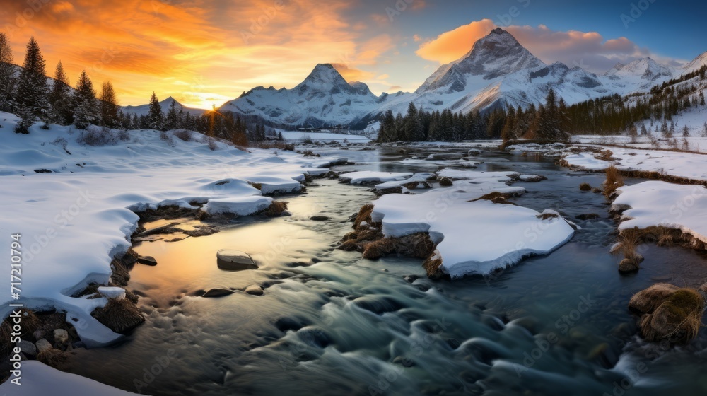 Snow-Capped Majesty: Where Mountains and River Converge Snow-Capped Majesty: Where Mountains and River Converge
