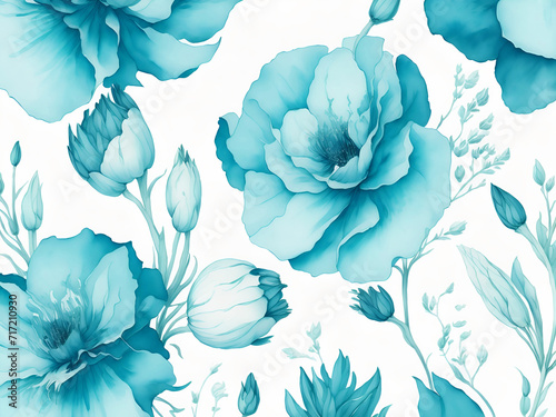 Delicadas flores estilo acuarela en color turquesa sobre un fondo blanco. Vista superior y de cerca. IA Generativa photo