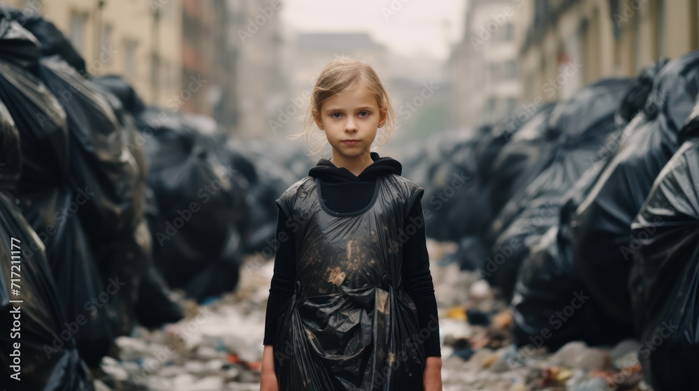 Child standing in large garbage bags in the background of a city street.