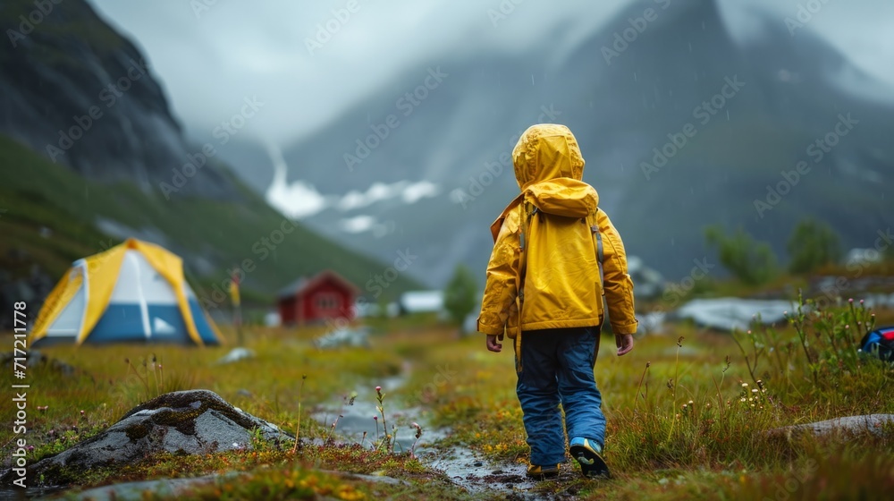 Boy traveling with tent equipment family vacation generative ai