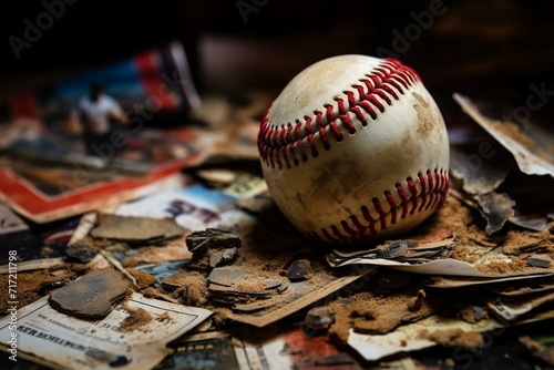 worn-out baseball among blurry sports cards. Generative AI photo
