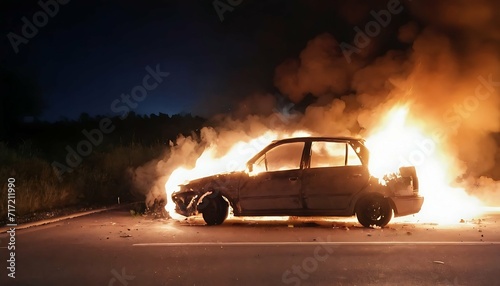 fire in the car and blast after the road accident at night created with generative ai © Chaudhry