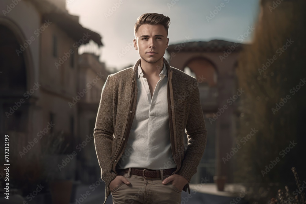 Attractive Caucasian man. Casual dressed handsome guy outdoor portrait. Generate ai Attractive Caucasian man. Casual dressed handsome guy outdoor portrait. Generate ai