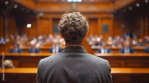 Back of lawyer talking to an attorney in the courtroom. generative ai