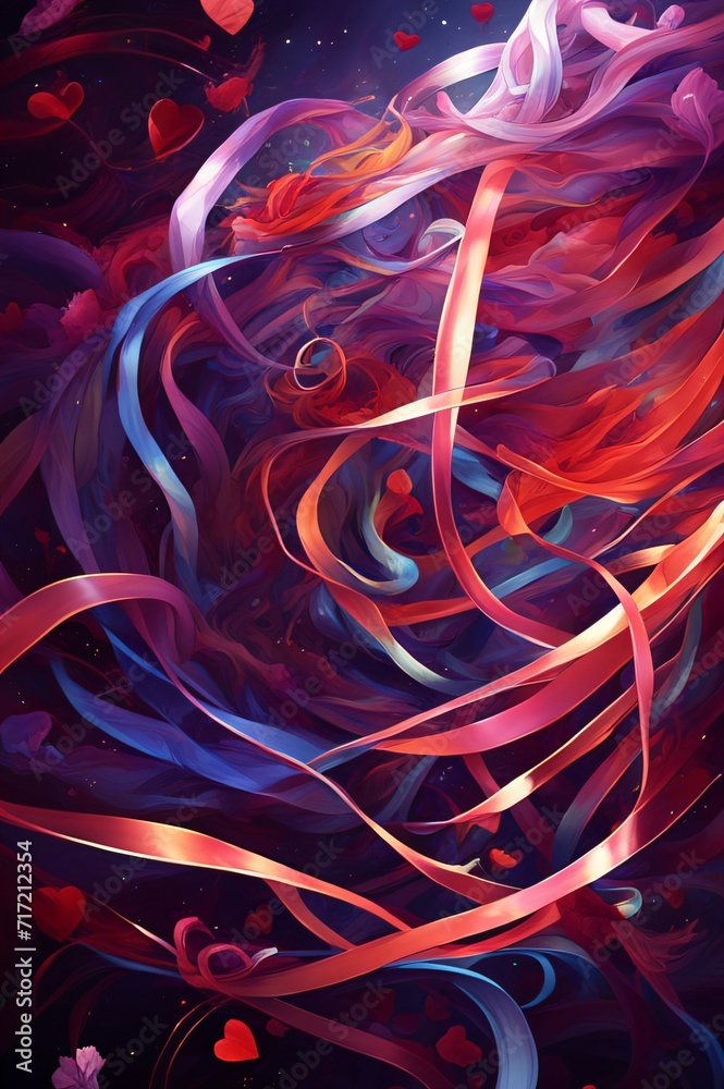 romantic theme. Swirling shapes intertwine creating abstract pattern. Heart shapes scattered throughout enhance romantic feel. Dark background with star-like specks gives celestial appearance romantic theme. Swirling shapes intertwine creating abstract pattern. Heart shapes scattered throughout enhance romantic feel. Dark background with star-like specks gives celestial appearance