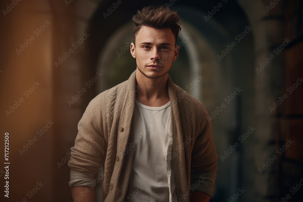 Stylish Caucasian man portrait. Charismatic handsome male confident posture. Generate ai Stylish Caucasian man portrait. Charismatic handsome male confident posture. Generate ai