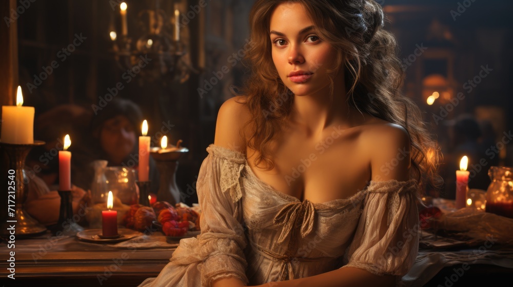 Pretty lady. In the enchanting ambiance of a tavern, a beautiful girl captivates with her charm, adding allure to the conviviality of this social gathering. Pretty lady. In the enchanting ambiance of a tavern, a beautiful girl captivates with her charm, adding allure to the conviviality of this social gathering.