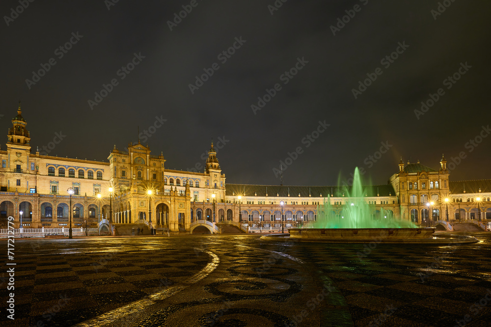Night view of Plaza de Espana after rain. Sevilla, Spain.