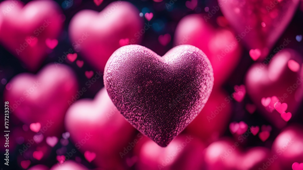 Valentine's Day love theme postcard. Multiple hearts various pink red shades. Dark background romantic mood. Prominent heart foreground. Textured surface sparkles. Blurred hearts bokeh effect