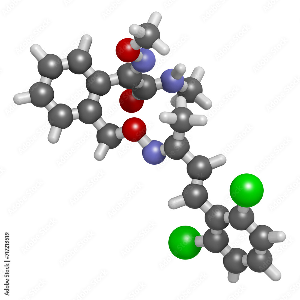 Fenaminstrobin fungicide molecule. 3D rendering. Fenaminstrobin fungicide molecule. 3D rendering.
