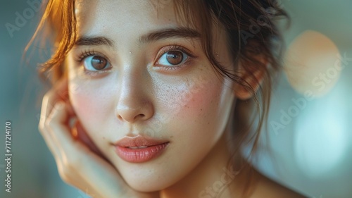 Dermatology, expression face worry asian young woman looking mirror hand touch facial.generative ai