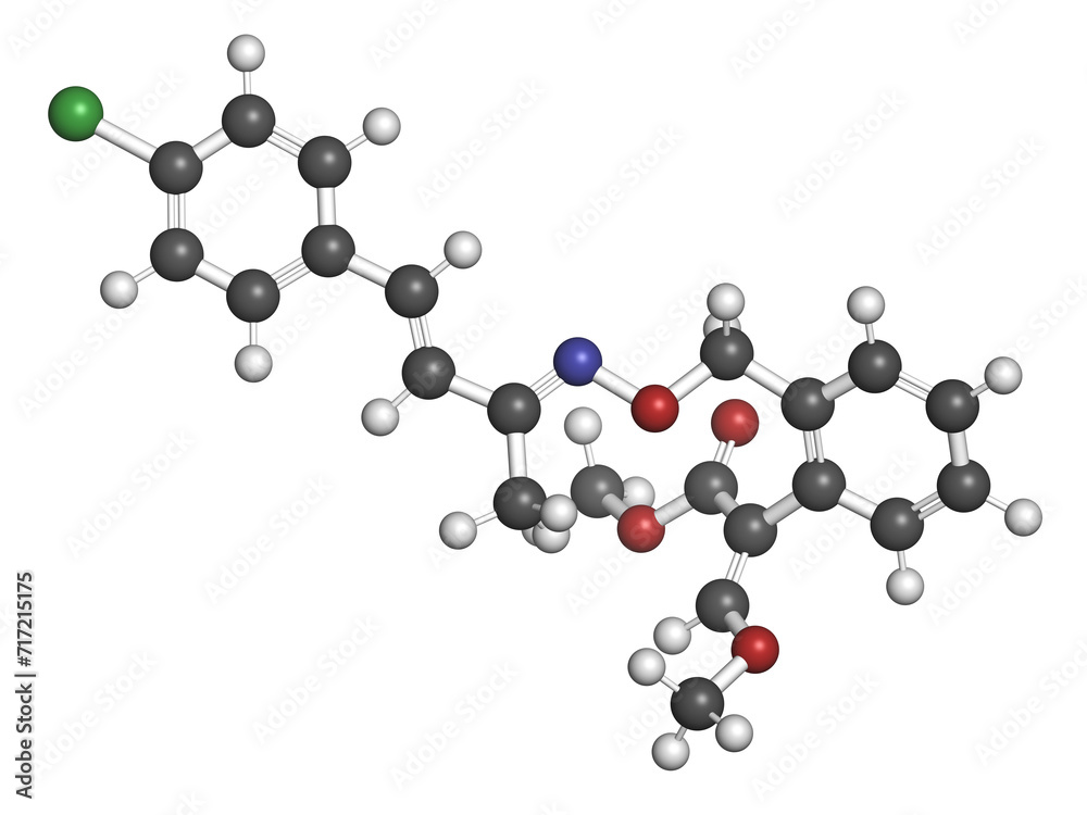 Enoxastrobin fungicide molecule. 3D rendering. Enoxastrobin fungicide molecule. 3D rendering.