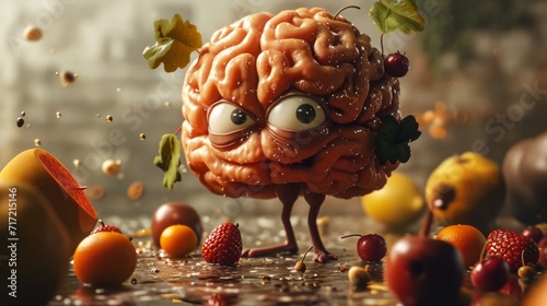 human brain looking happy and energetic  eating fruits generative ai