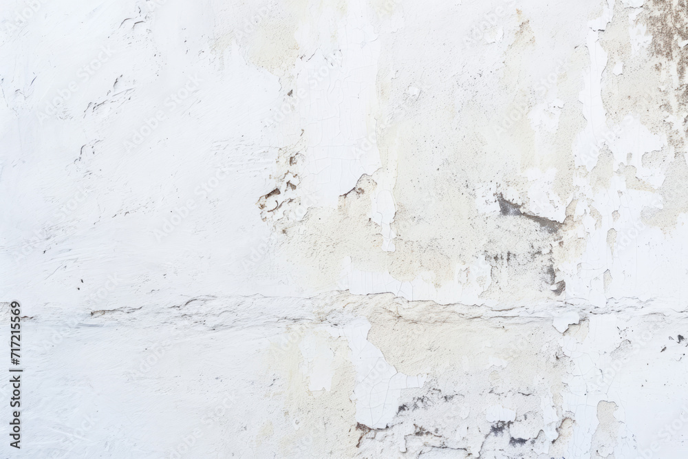 A worn white wall showing layers of old paint, significant chipping, and staining, revealing the wall's texture.