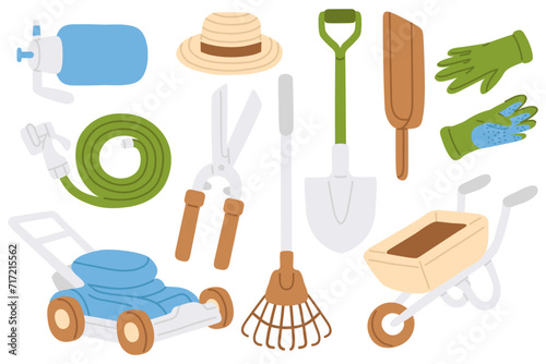 Vector illustration set of cute doodle garden tools for spring digital stamp,greeting card,sticker,icon,design