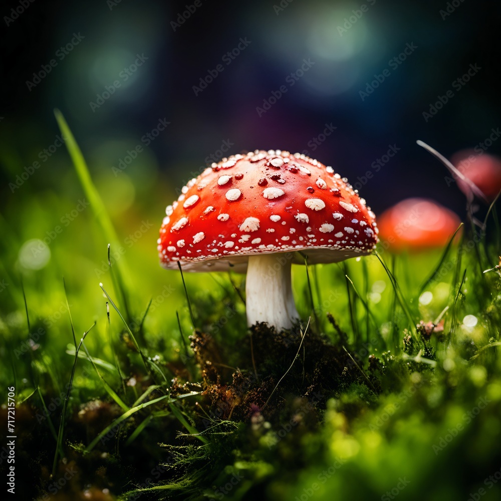 Close-up view of red white spotted mushroom in green grass. Amanita muscaria species. Dewdrops on cap surface. Blurred background with bokeh effect. Sunlight creates shadows adding depth